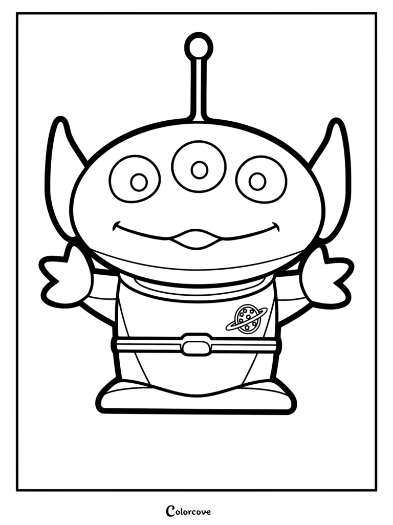 Un coloriage simple aux contours nets mettant en scène l'emblématique Alien à trois yeux de Toy Story dans sa combinaison spatiale Pizza Planet, les bras ouverts.