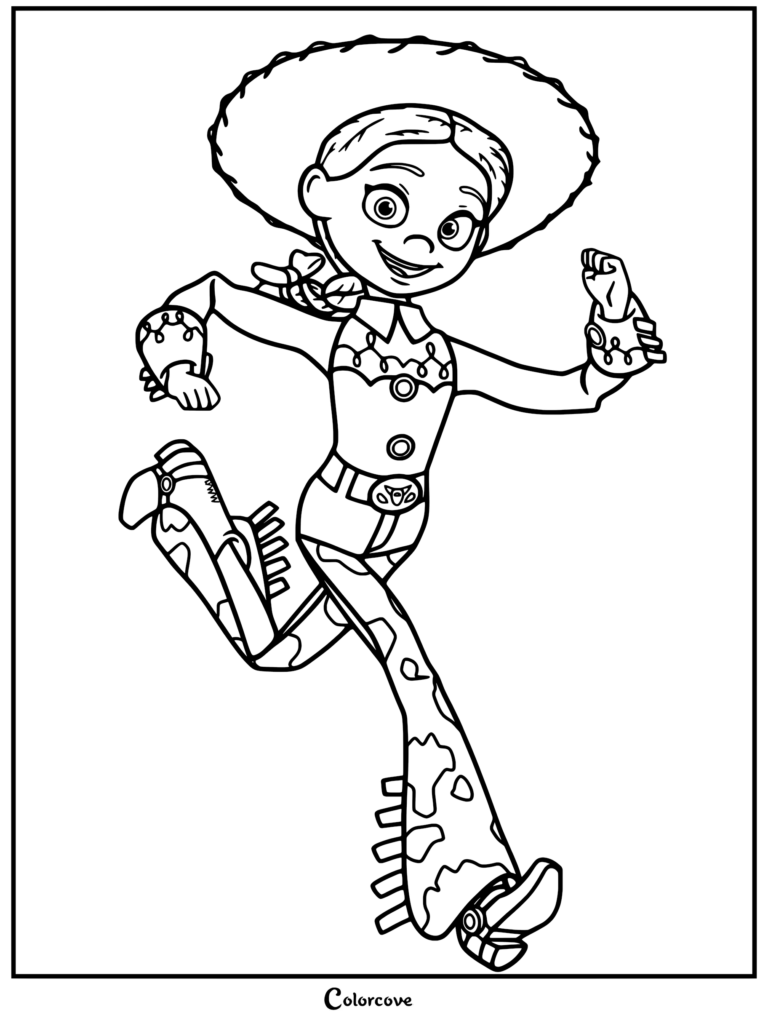Jessie de Toy Story courant avec une expression joyeuse, portant son chapeau de cow-girl caractéristique, ses cheveux tressés et son pantalon à motifs vache dans ce coloriage à imprimer.