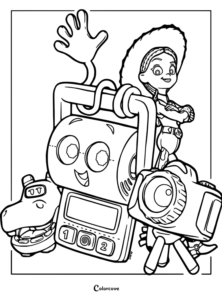 Un coloriage en noir et blanc mettant en scène Jessie la cow-girl à côté de Snappy l'appareil photo, Smarty Pants le jouet d'apprentissage de la propreté et Atlas l'hippopotame, avec une longue main au bout d'un bâton qui salue à l'arrière-plan.