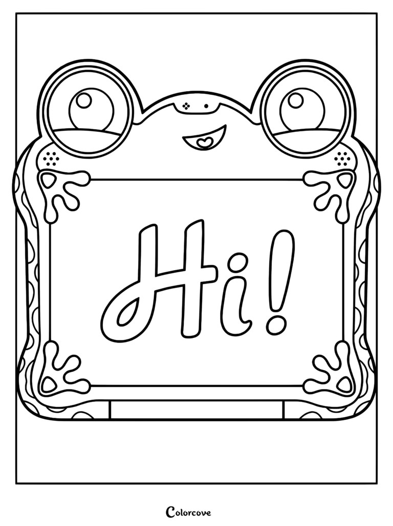 Lilypad, la tablette intelligente en forme de grenouille de Toy Story 5, affichant le mot « Salut » sur son écran au format coloriage à imprimer.