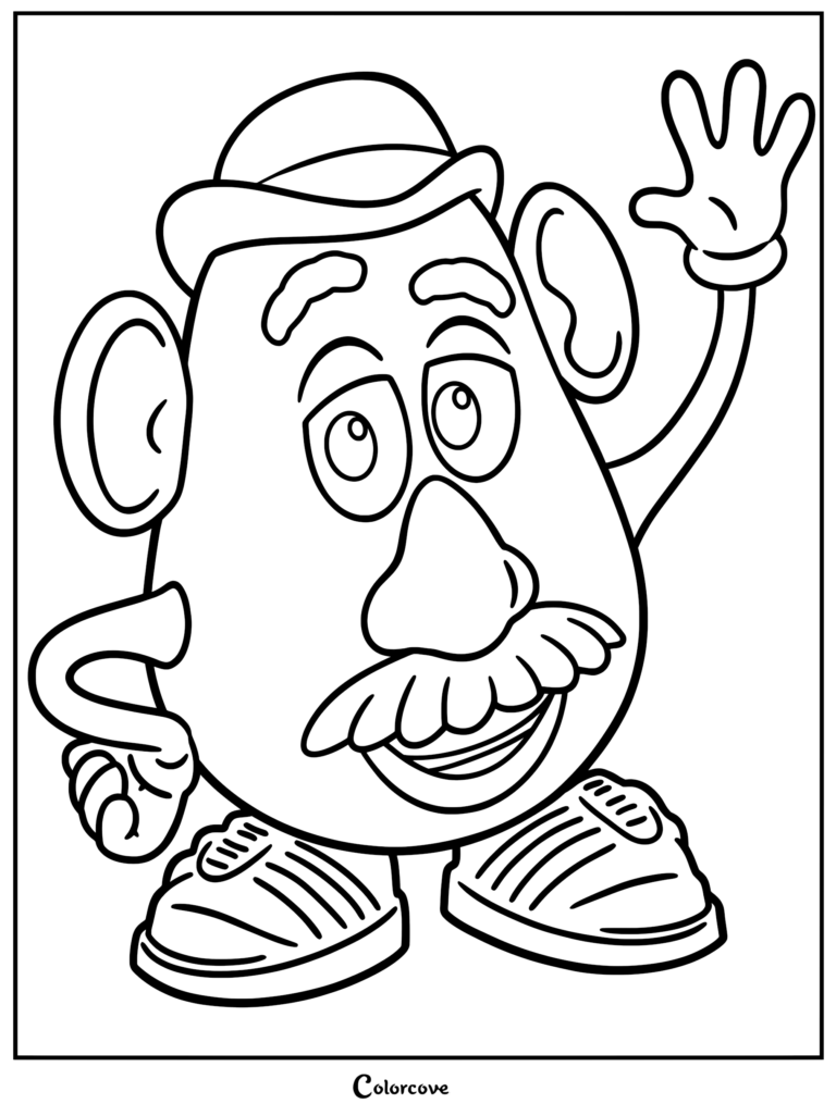 Un coloriage à imprimer de Monsieur Patate portant son melon emblématique, sa moustache et ses baskets tout en saluant de la main.
