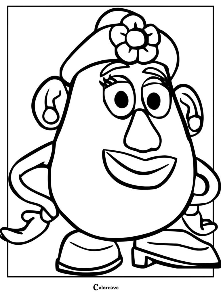 Madame Patate portant son chapeau emblématique orné d'une fleur, ses boucles d'oreilles et ses chaussures dans ce coloriage à imprimer.
