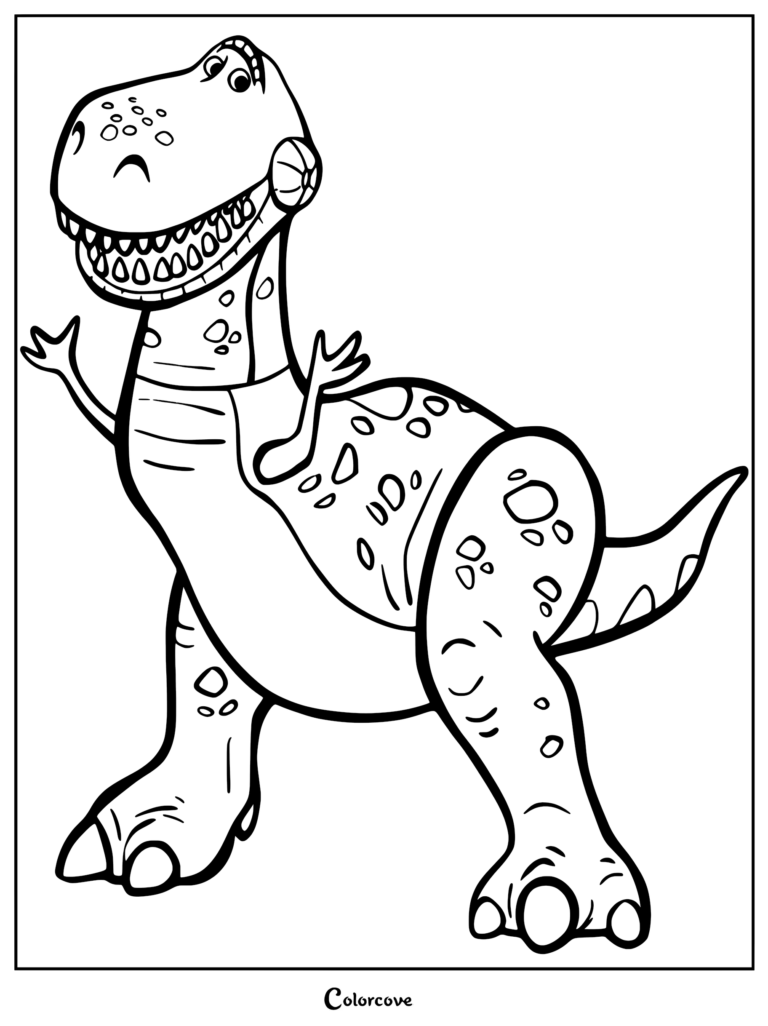 Rex, le dinosaure vert en jouet de Toy Story, debout avec un grand sourire amical dans ce coloriage à imprimer.