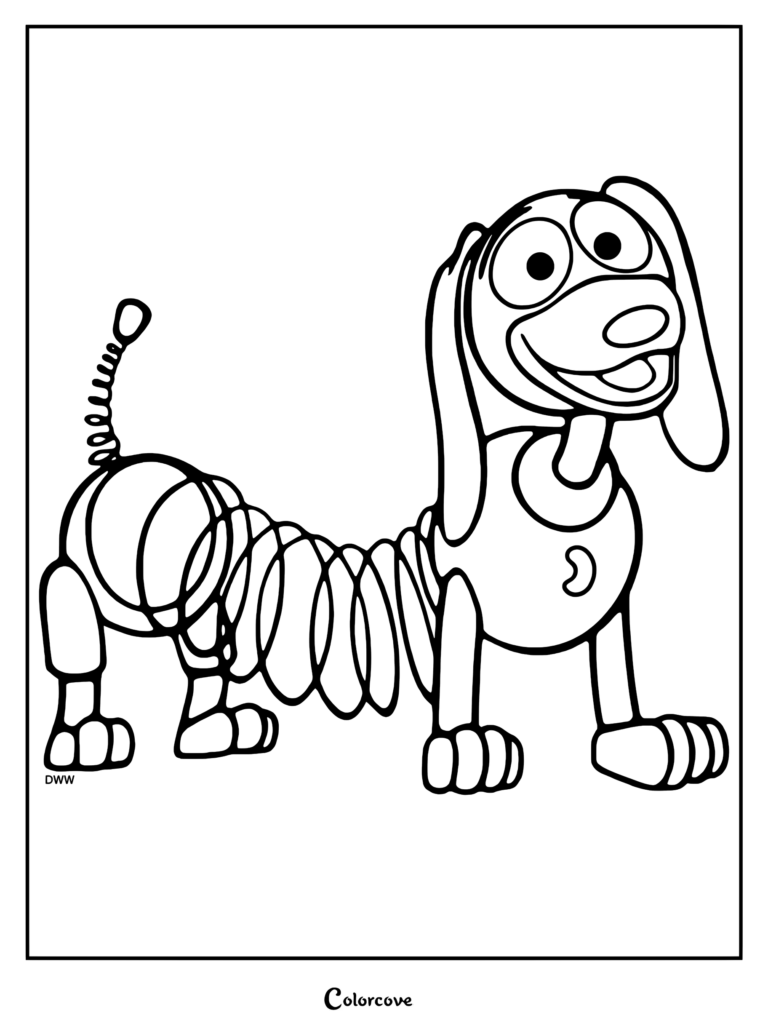 Un coloriage à imprimer de Slinky de Toy Story avec son corps en ressort emblématique et ses oreilles tombantes.