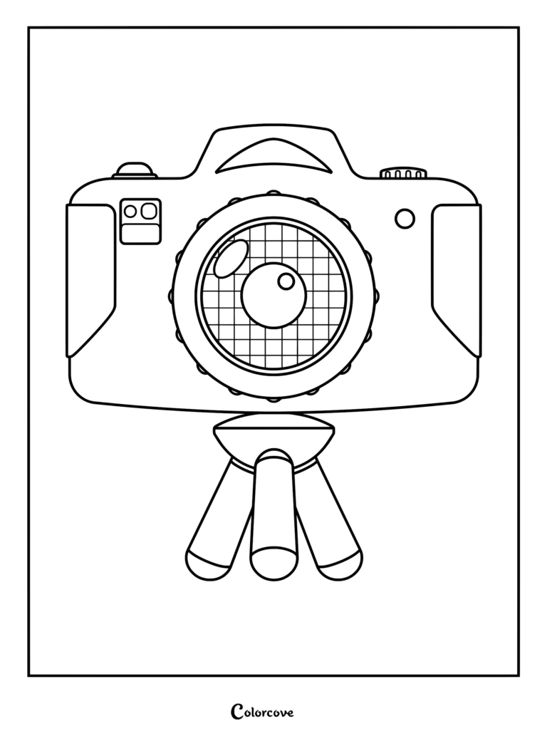 Snappy, l'appareil photo jouet très enthousiaste de Toy Story 5 monté sur un petit trépied, présenté sous forme de coloriage aux contours nets.