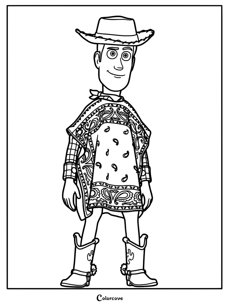 Woody de Toy Story 5 portant un poncho rouge à motifs détaillés, un chapeau de cow-boy et des bottes dans ce coloriage à imprimer.