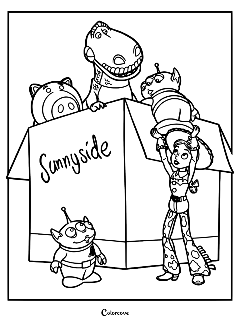 Jessie, Rex, Bayonne et un Petit homme vert près d'un carton étiqueté Garderie Sunnyside dans ce coloriage à imprimer.
