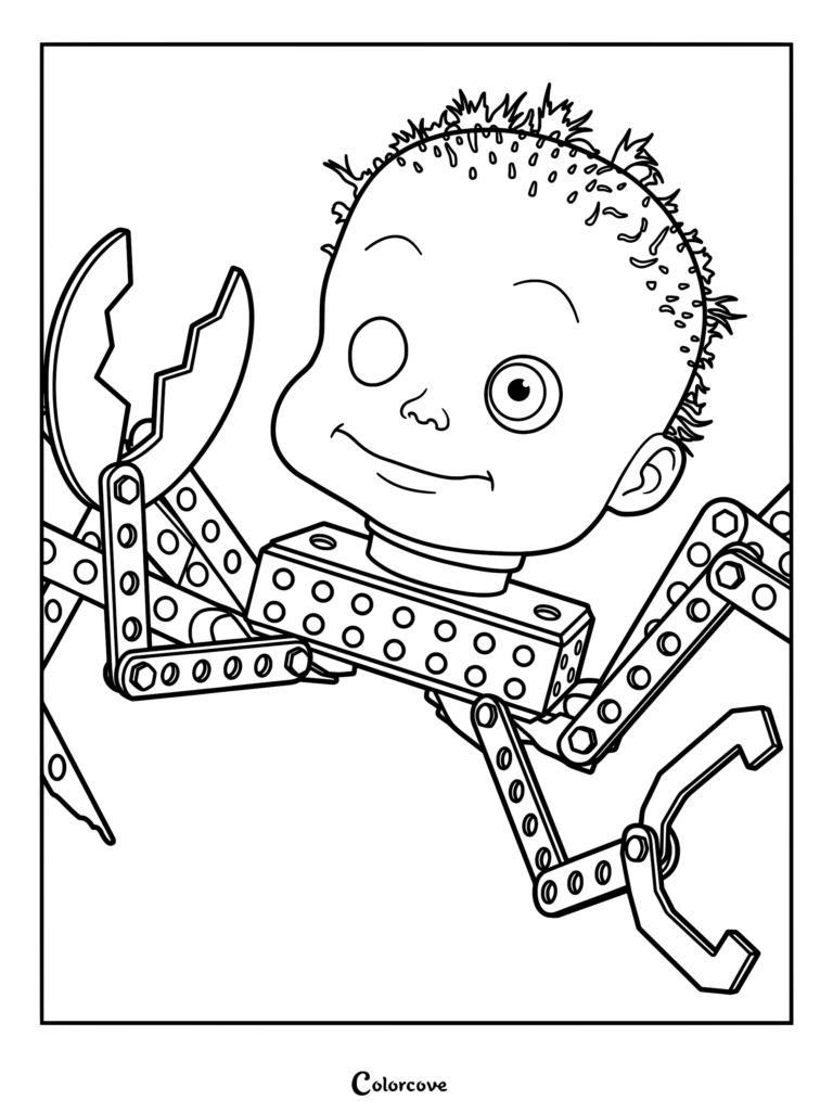 Bébé Pince de Toy Story avec sa tête de poupée fixée sur un corps en meccano métallique aux bras en forme de pinces dans ce coloriage détaillé.