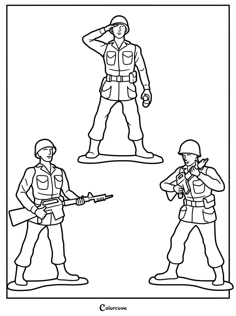 Trois Soldats verts de Toy Story dans différentes poses, dont un faisant le salut militaire et deux tenant des fusils, sur un coloriage à imprimer.