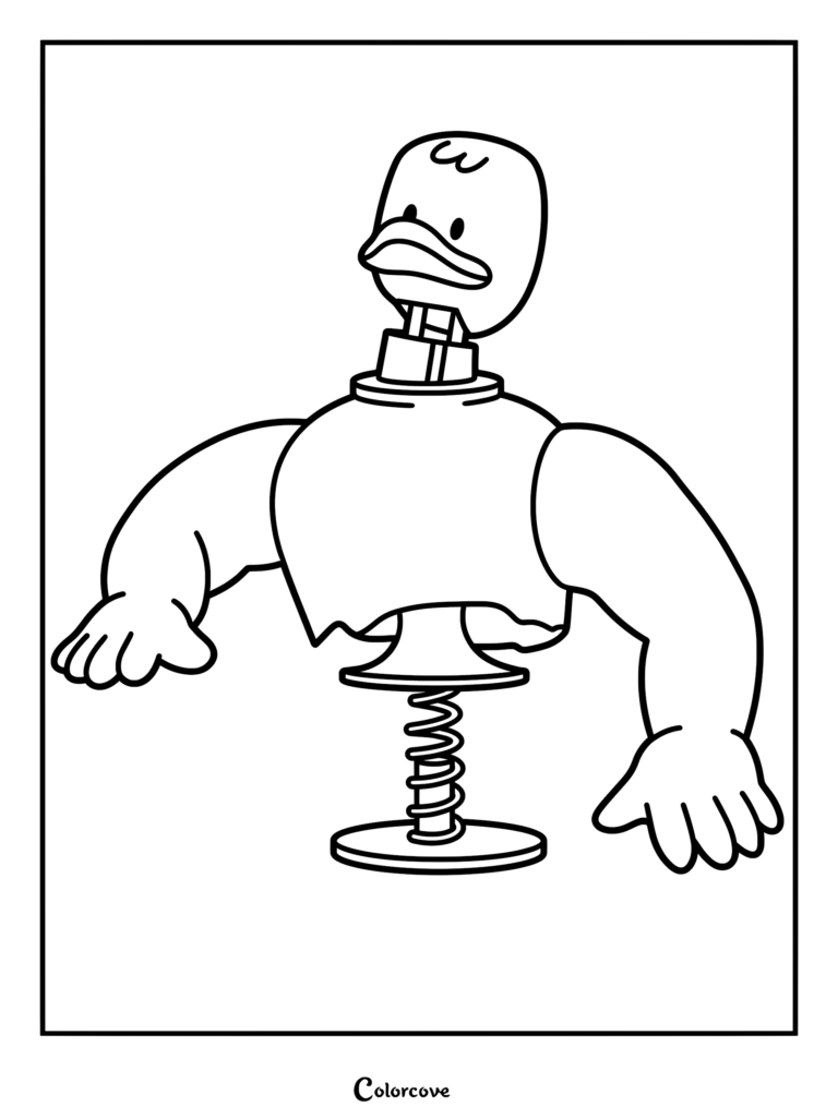 Un coloriage simple en noir et blanc de Ducky, présentant sa tête de canard sur une base à ressort avec de grands bras musclés.