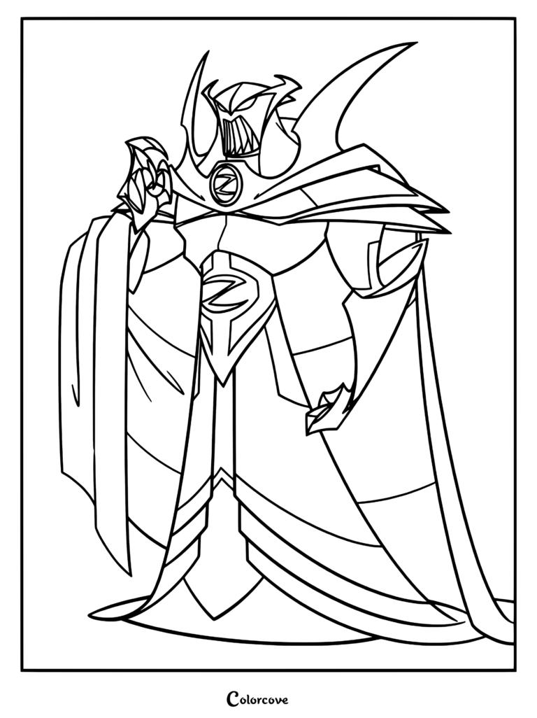L'Empereur Zurg debout dans son armure emblématique avec un emblème Z sur le torse, présenté dans un coloriage aux traits détaillés.