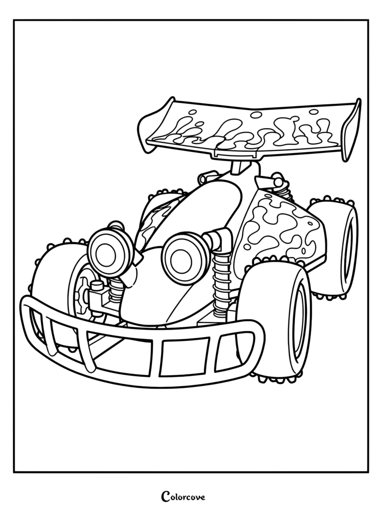 Un coloriage détaillé en noir et blanc de RC, la voiture télécommandée de Toy Story, avec ses grands pneus tout-terrain, son pare-chocs avant et son aileron arrière.