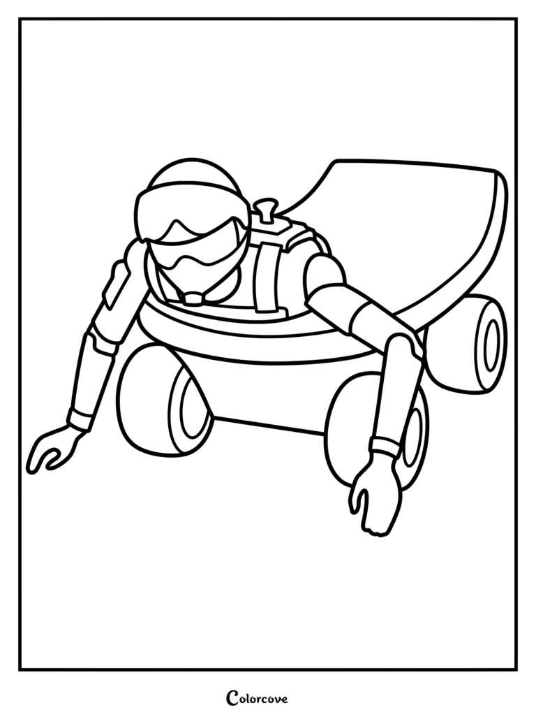 Un coloriage à imprimer de Roller Bob de Toy Story, représenté allongé à plat sur sa base à roulettes avec ses lunettes de protection.