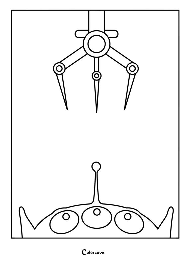 Un coloriage à imprimer de l'emblématique Alien à trois yeux de Toy Story observant Le Grappin qui descend dans la machine d'arcade Pizza Planet.
