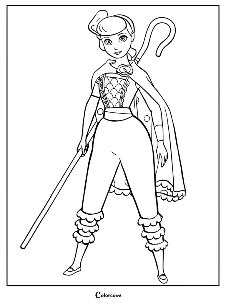 La Bergère se tenant fièrement dans sa tenue moderne avec sa houlette, présentée dans un coloriage aux traits détaillés.