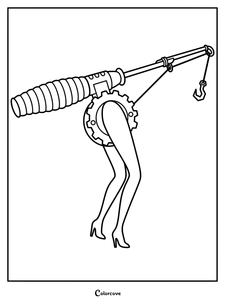 Un coloriage à imprimer de Gambettes, le jouet mutant unique créé par Sid Phillips, composé d'une poignée de canne à pêche et d'une paire de jambes à talons hauts.