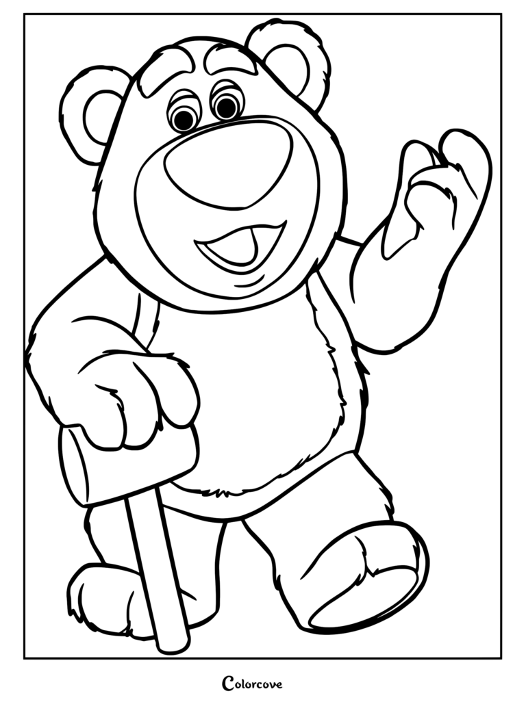 Lotso de Toy Story 3 tenant sa canne en bois et faisant un signe amical de la main, présenté sous forme de coloriage à imprimer.