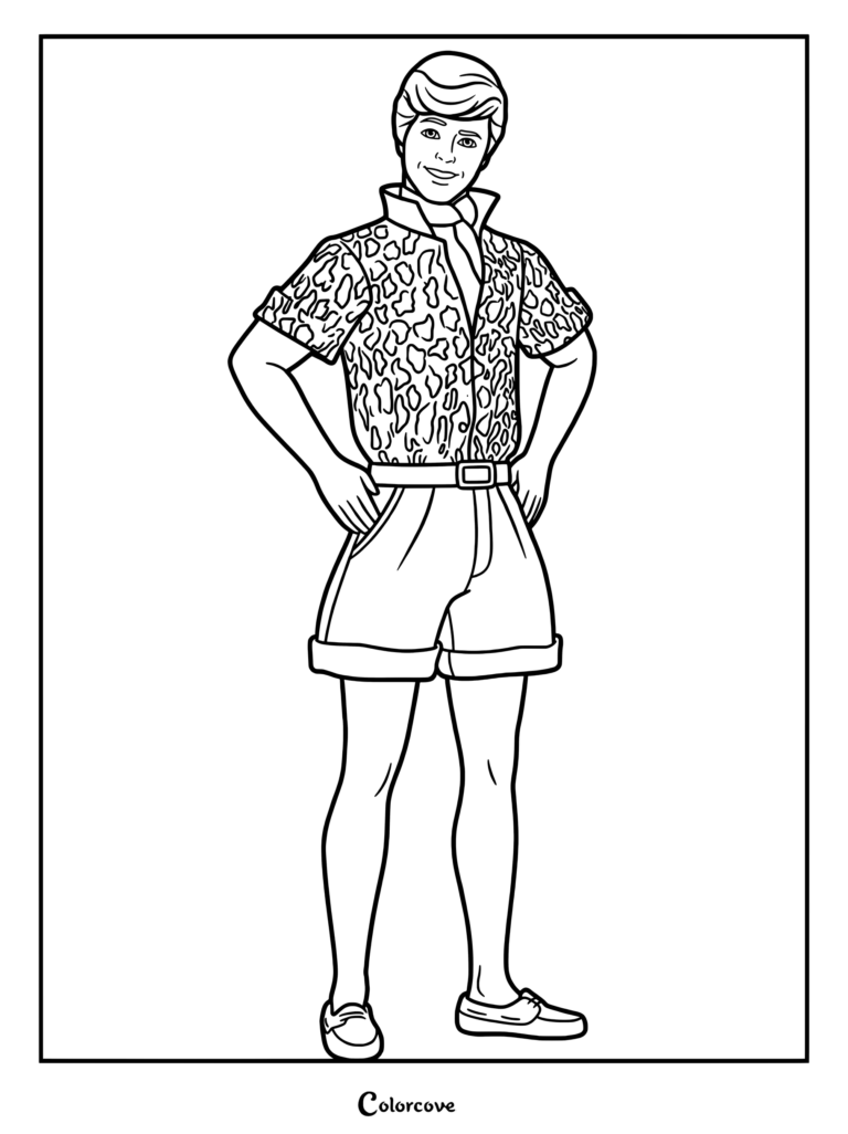 Un coloriage à imprimer de la poupée Ken Amis des Animaux Mattel de 1988 de Toy Story, portant une chemise à motif léopard et un short, les mains sur les hanches.