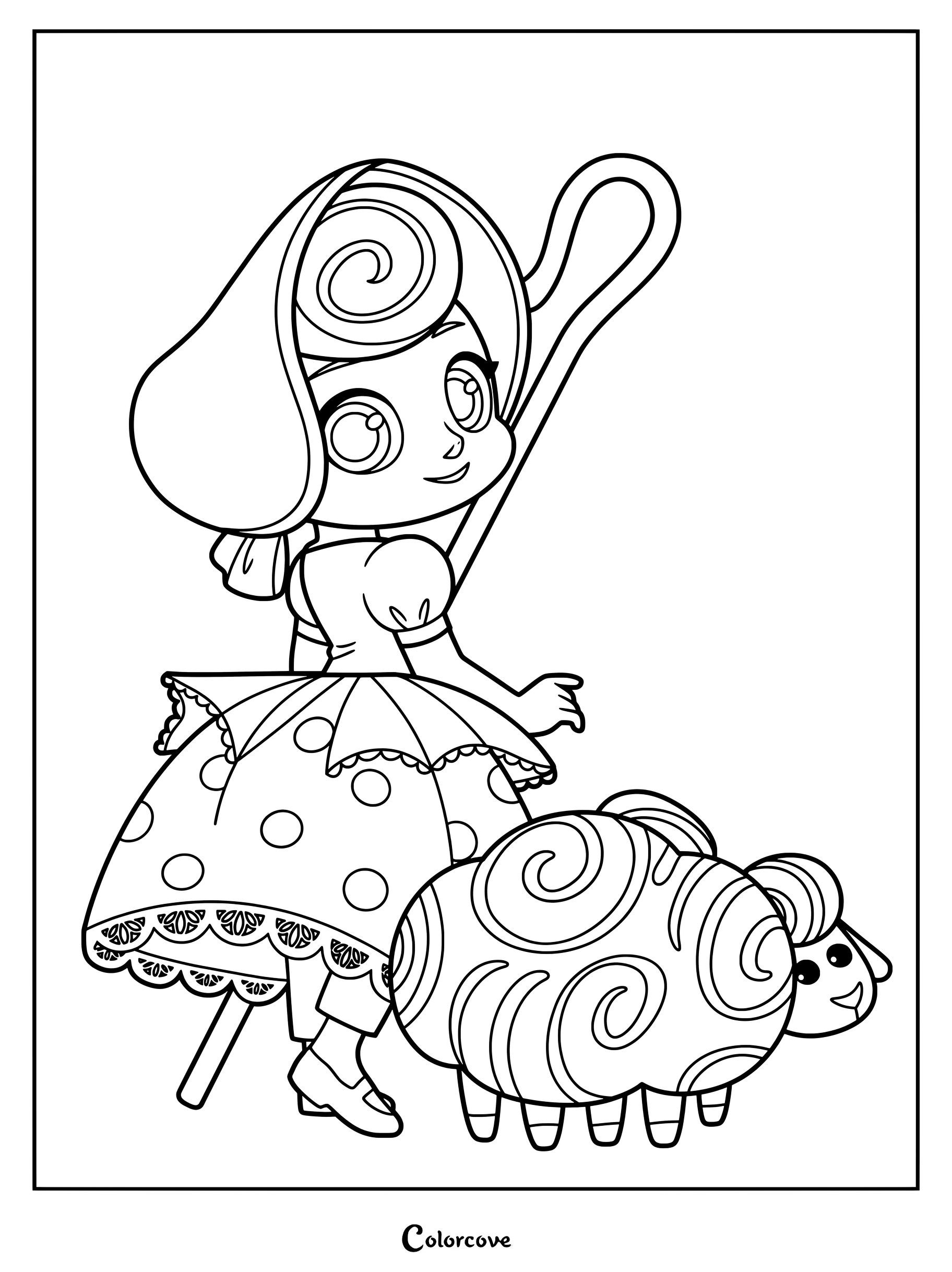 Bo Peep, coiffée de son bonnet emblématique et vêtue de sa robe à pois, se tient à côté de ses moutons sur cette page de coloriage à imprimer.