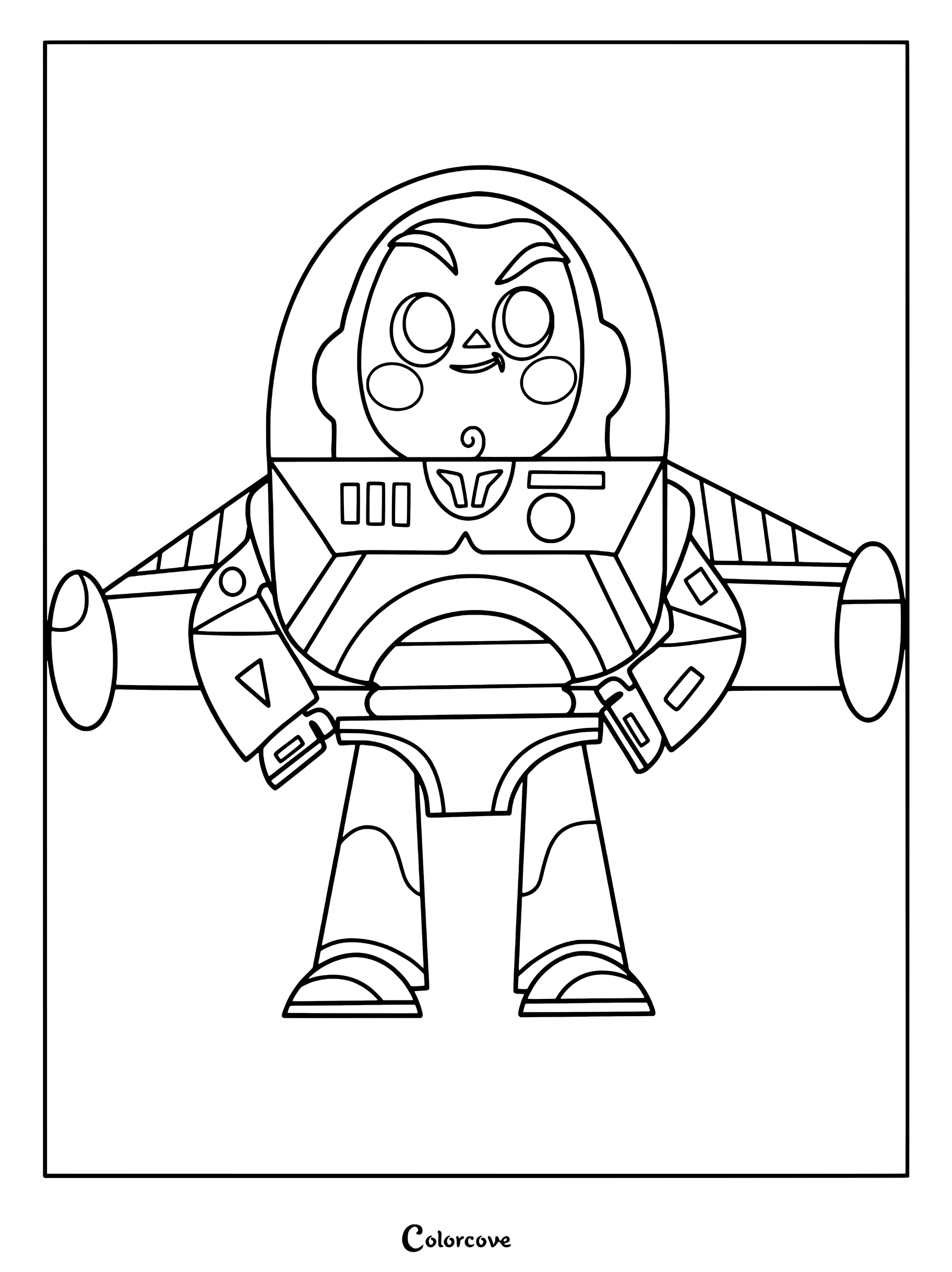 Une page de coloriage stylisée de Buzz l'Éclair, de style chibi, mettant en scène son emblématique costume de ranger de l'espace, son casque et ses ailes déployées.
