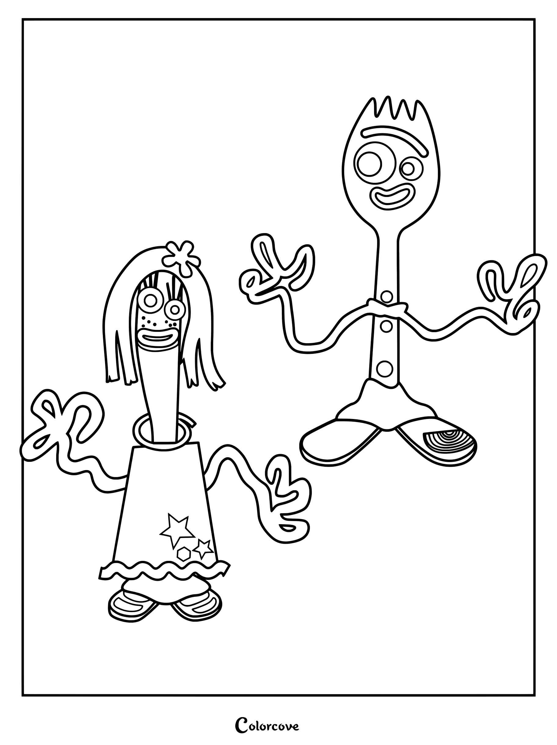 Une page de coloriage à imprimer représentant Forky et Karen Beverly de Toy Story 4, côte à côte, avec leurs yeux globuleux et leurs bras en cure-pipe caractéristiques.