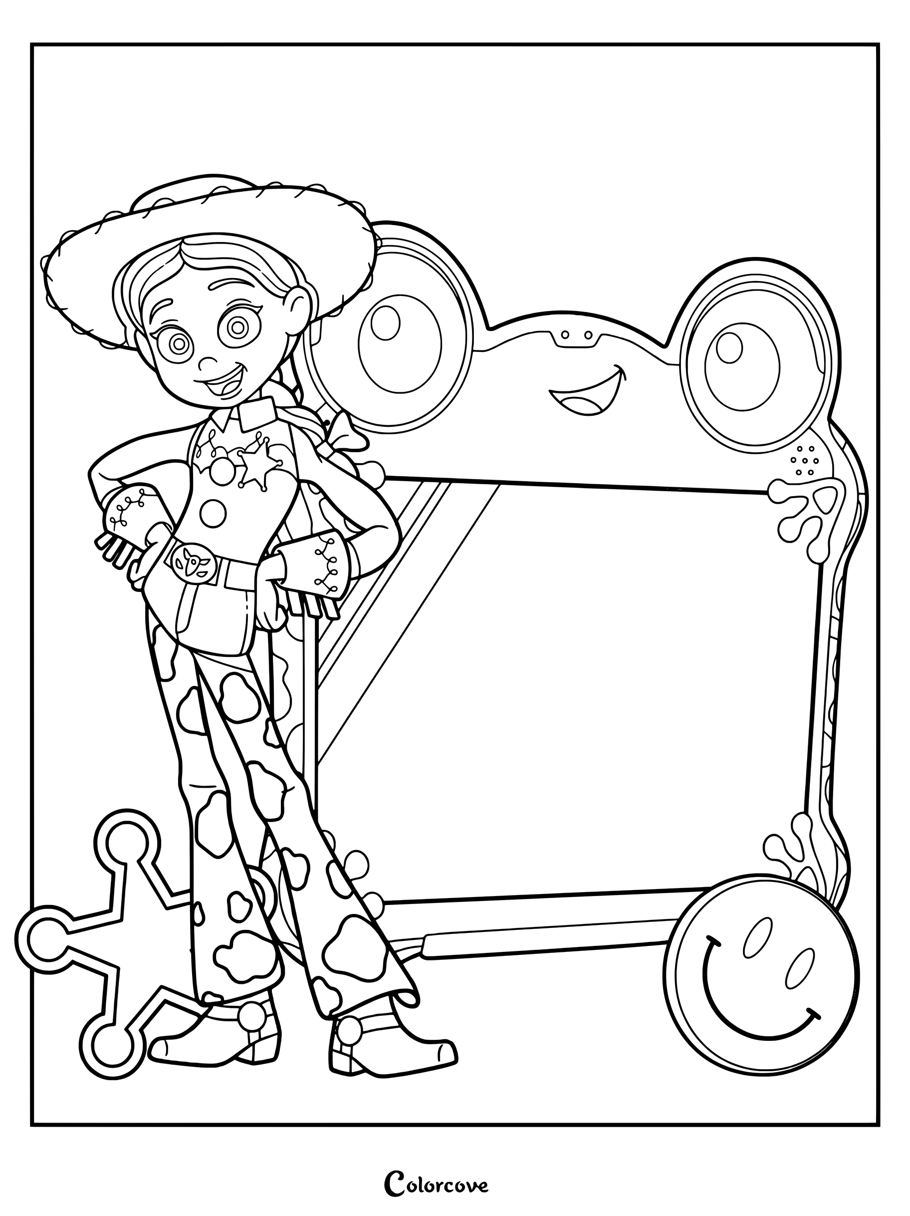 Jessie la cowgirl se tient à côté de la tablette intelligente Lilypad, décorée sur le thème des grenouilles, sur cette page de coloriage de Toy Story 5.