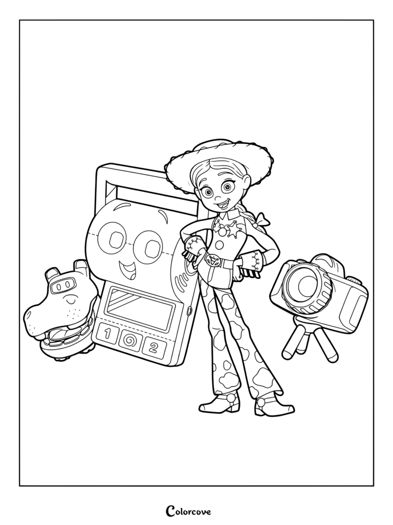 Jessie poses with her new toy friends from Toy Story 5.