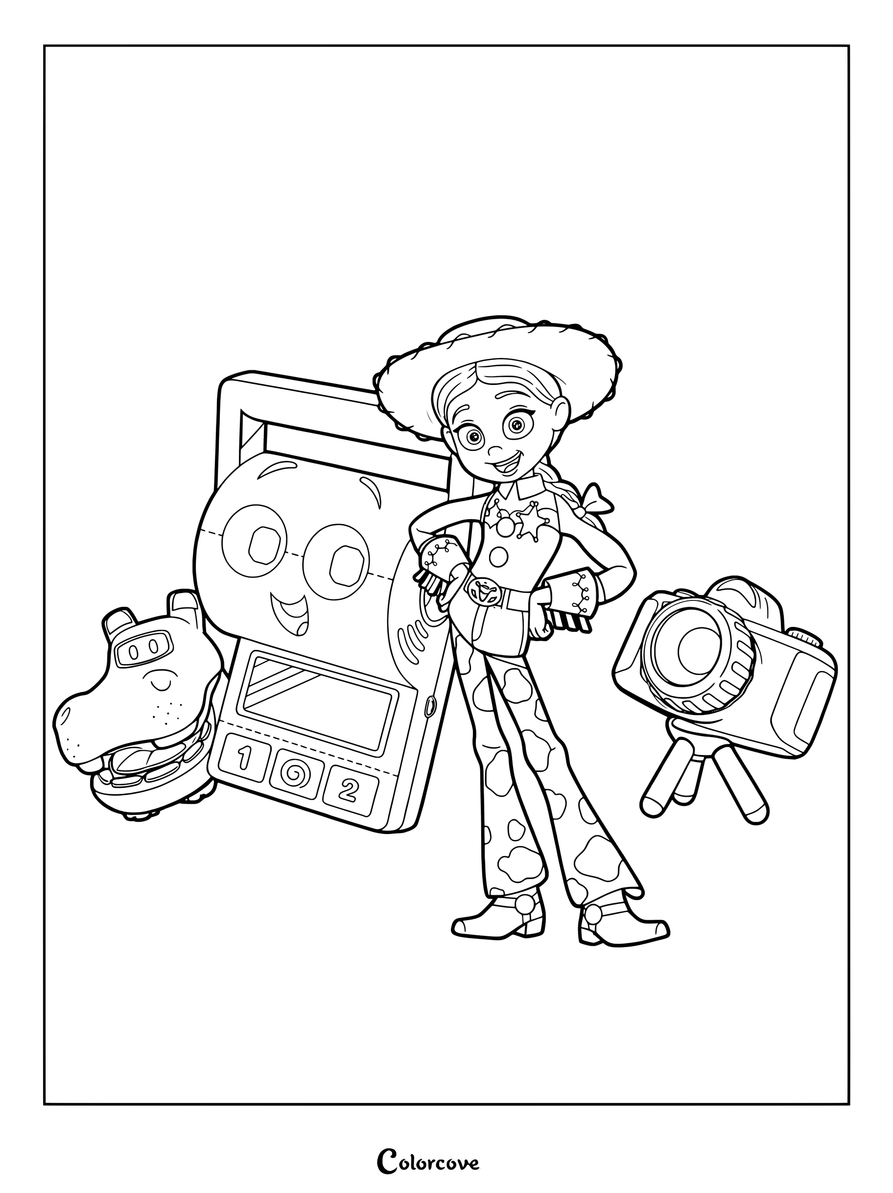 Jessie la cowgirl se tient à côté de Lilypad la tablette, de Smarty Pants et d'Atlas l'hippopotame sur cette page de coloriage de Toy Story 5.