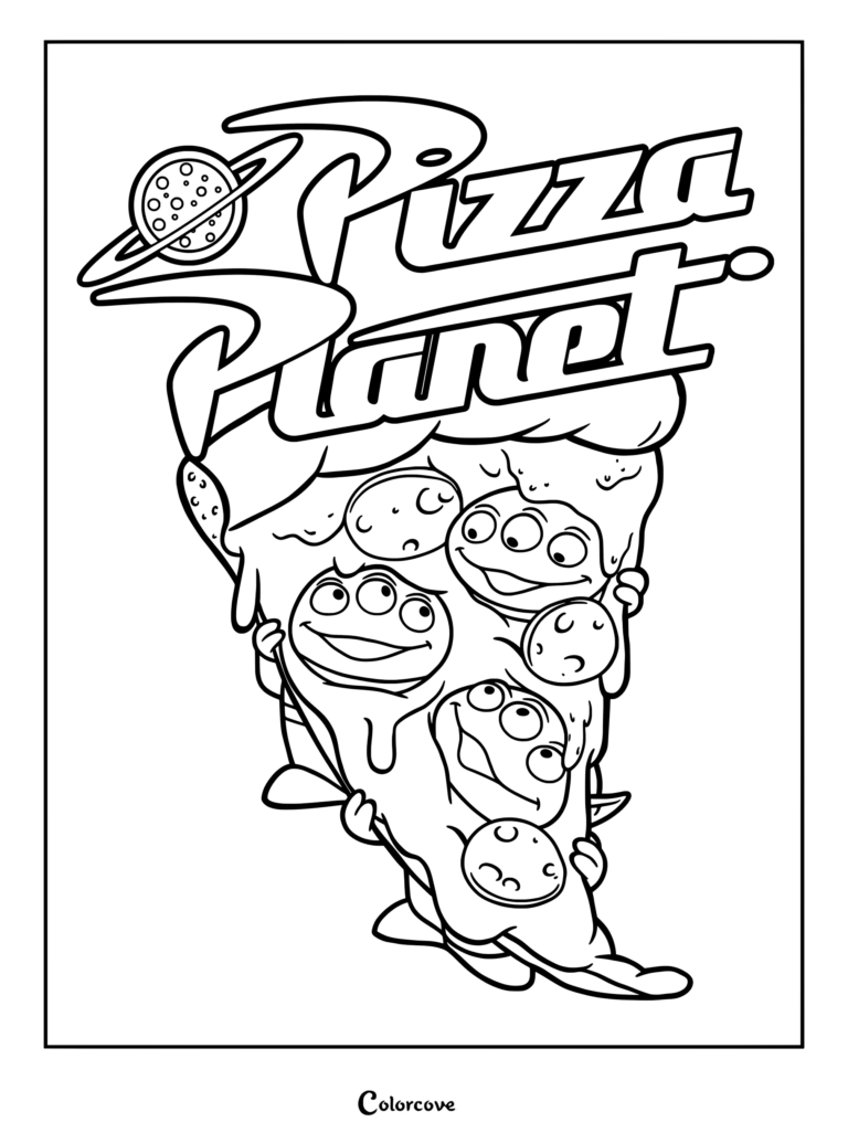 Trois Aliens de Toy Story tenant une grande part de pizza au pepperoni sous le logo de Pizza Planet dans ce coloriage à imprimer.