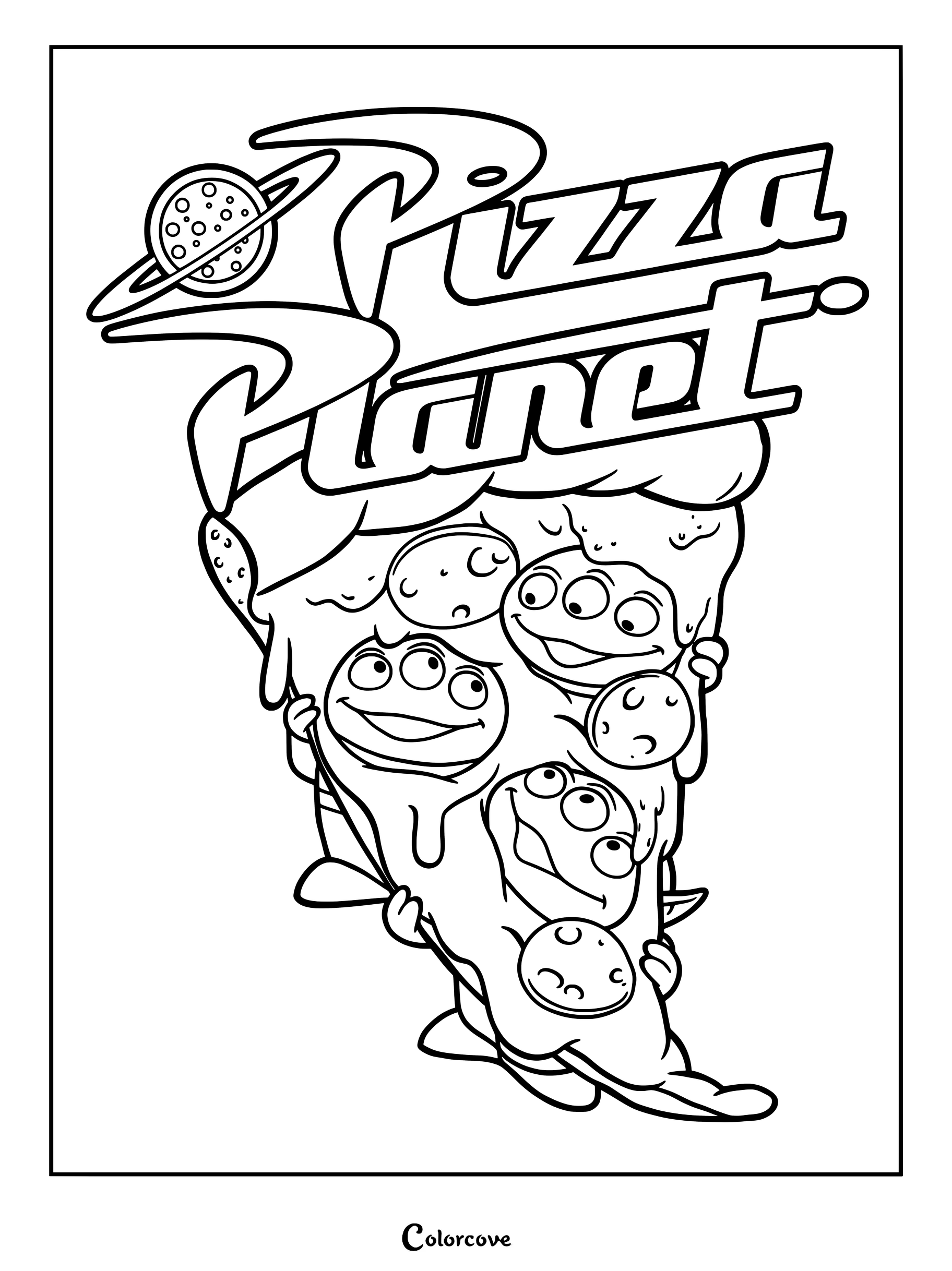 Sur cette page de coloriage à imprimer, trois extraterrestres verts de Toy Story tiennent une grande part de pizza au pepperoni sous le logo de Pizza Planet.
