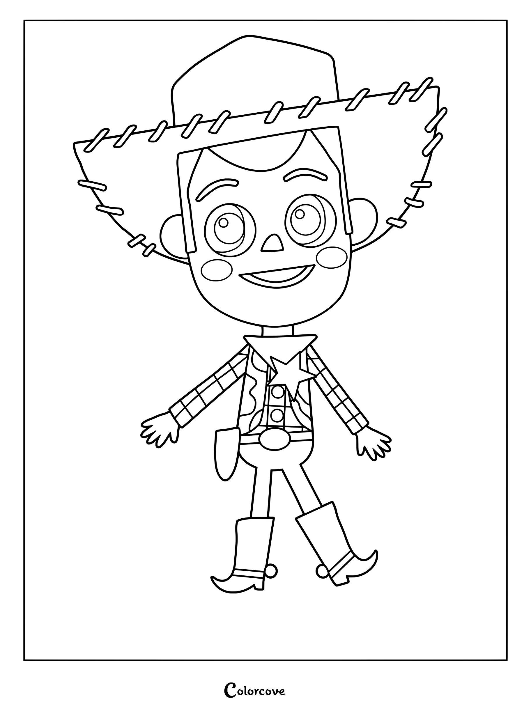 Une simple page de coloriage au trait représentant Woody de Toy Story portant son chapeau de cowboy emblématique, son insigne de shérif et ses bottes.