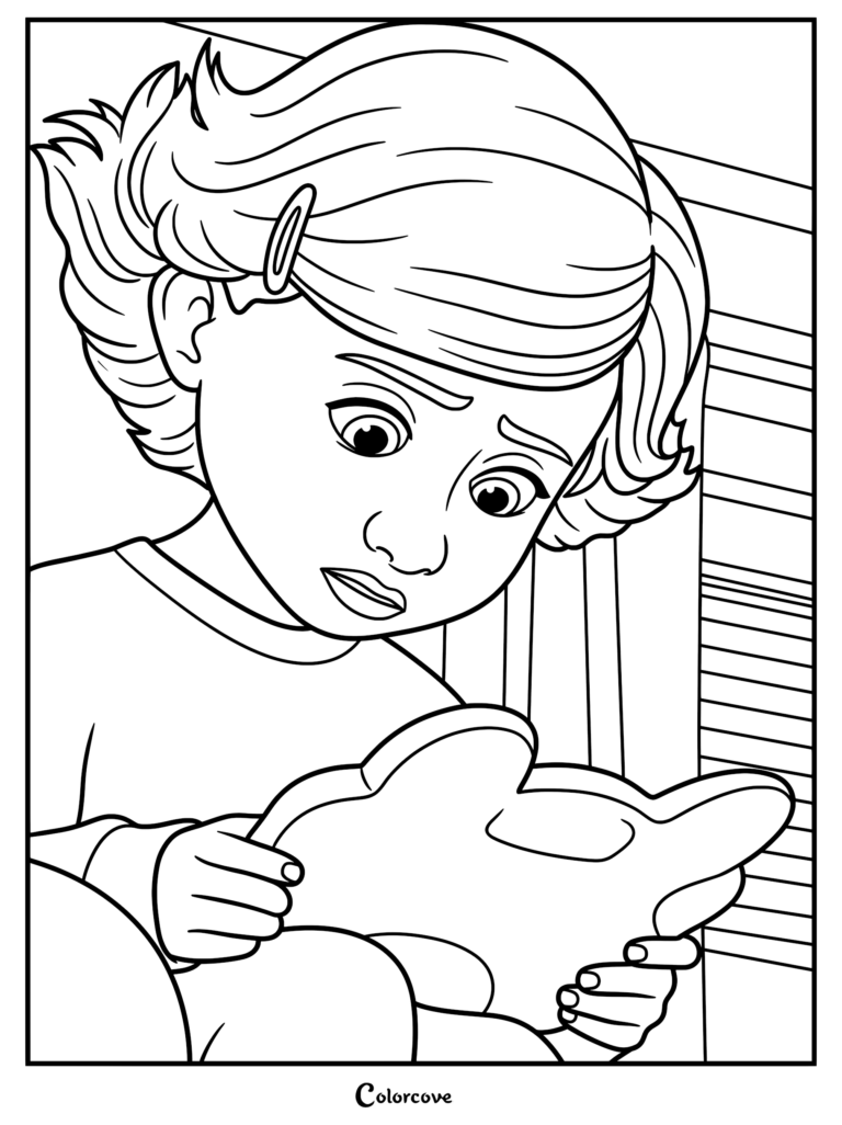 Bonnie regardant vers le bas avec un air inquiet tout en tenant sa tablette intelligente en forme de grenouille, Lilypad, dans ce coloriage de Toy Story 5.