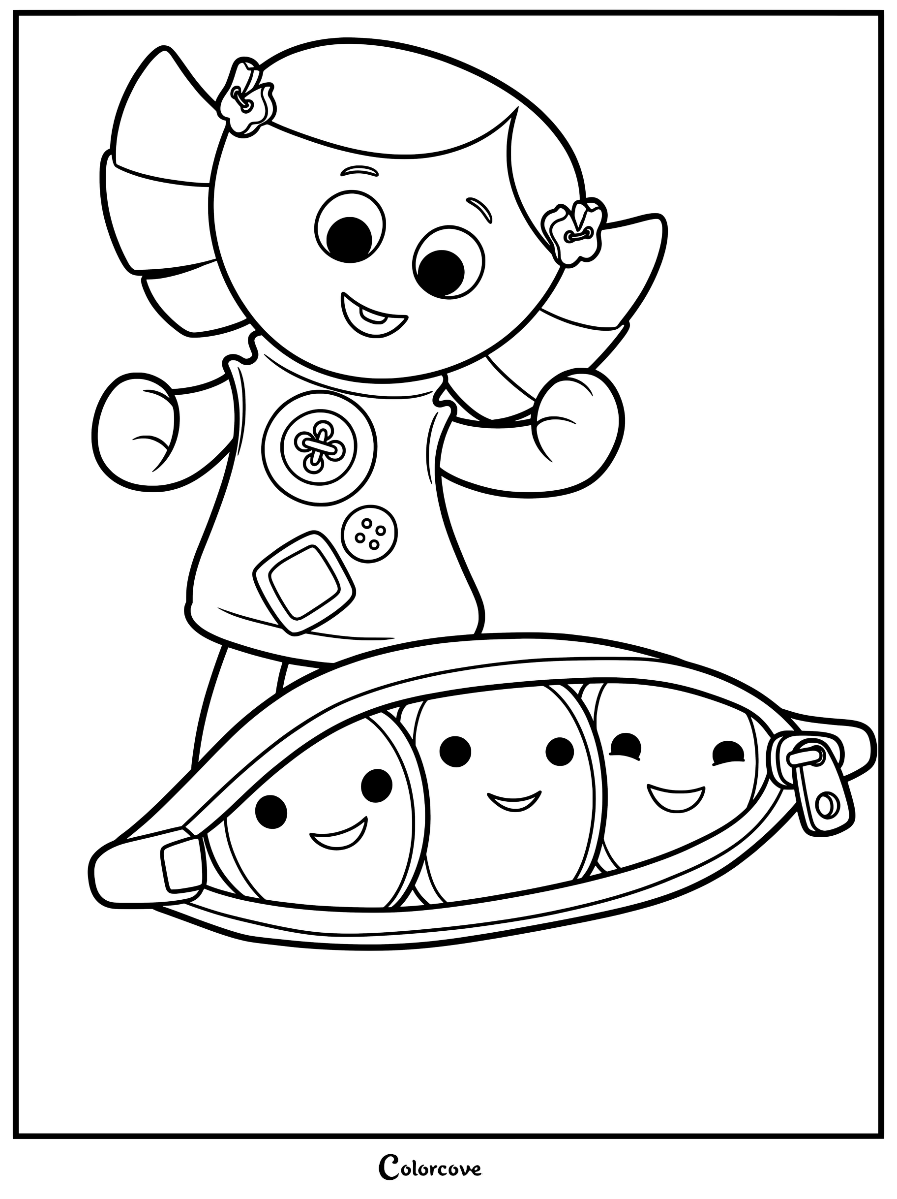 Coloriage de Dolly et des Trois Petits Pois de Toy Story 3 avec des personnages souriants.