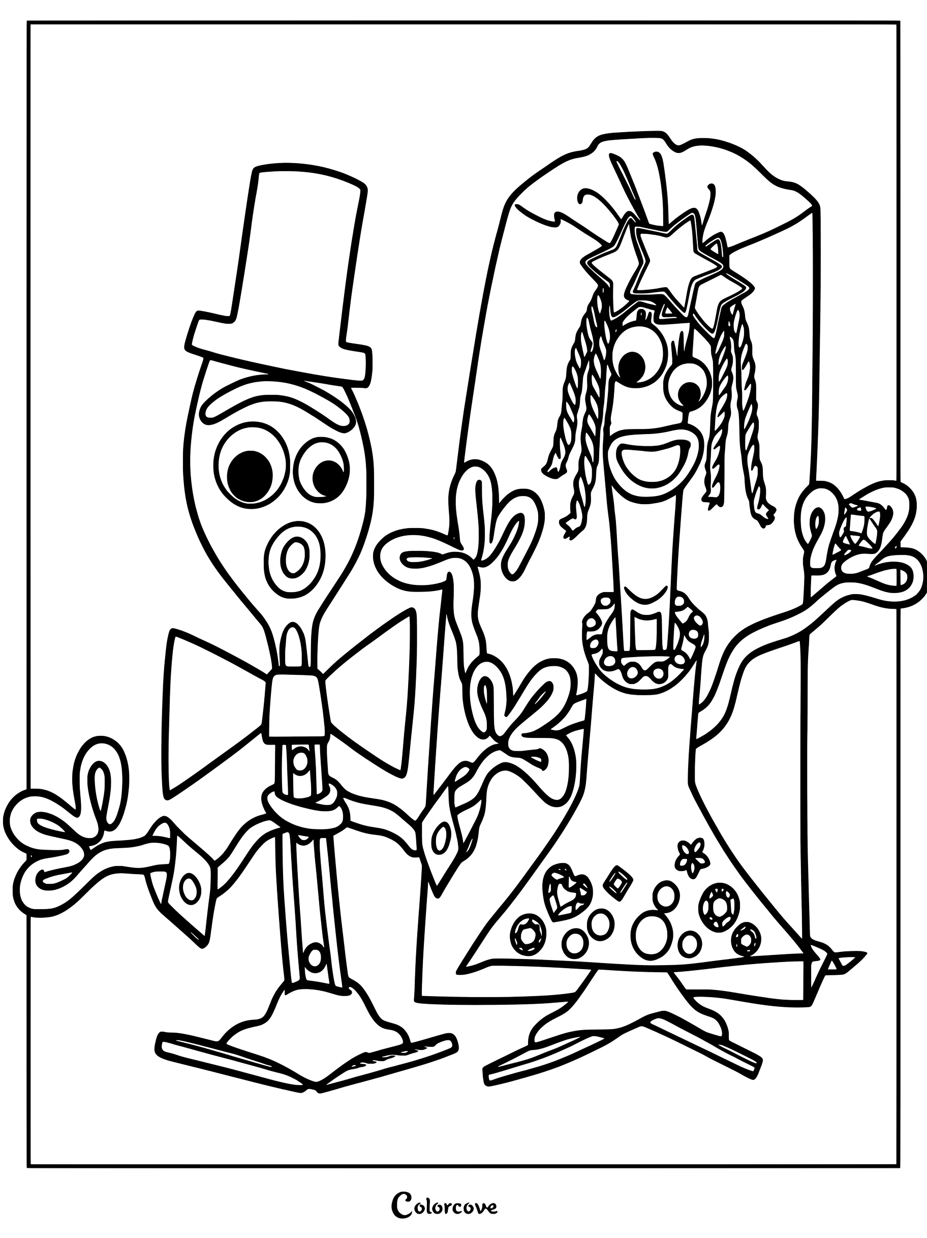 Fourchette et Karen Beverly représentés comme un couple marié dans une illustration associée au coloriage de Toy Story 5.