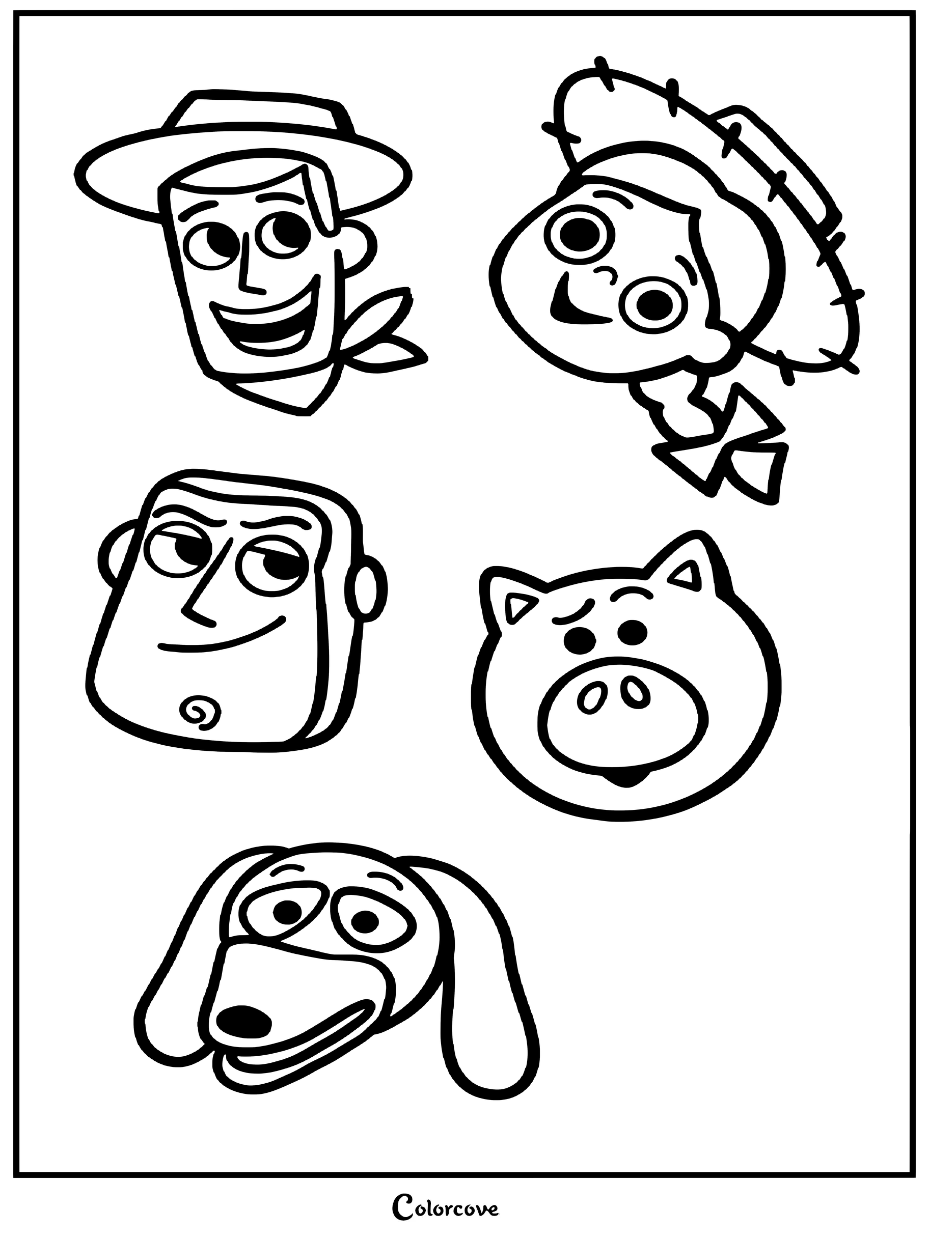 Coloriage de Toy Story 1 présentant les portraits de face de Woody, Buzz l'Éclair, Jessie, Bayonne et Slinky.