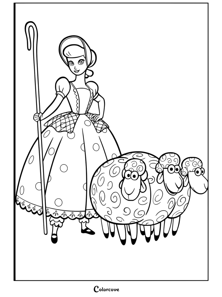 La Bergère tenant sa houlette et se tenant à côté de ses trois brebis Billy, Goat et Gruff dans un coloriage Toy Story