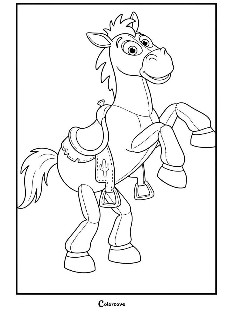 Pile-Poil, le cheval jouet de Toy Story, se cabrant joyeusement avec sa selle dans un coloriage.