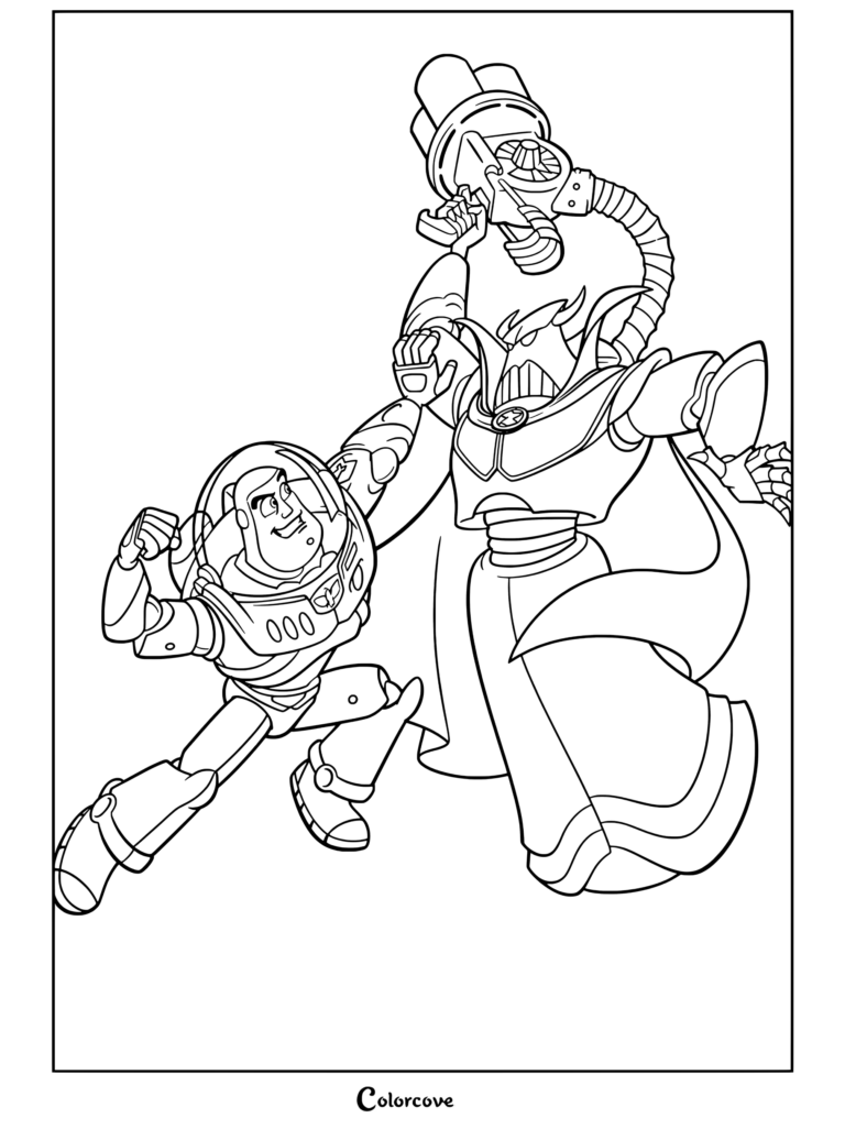 Buzz Lightyear combattant l'Empereur Zurg qui tient un grand pistolet ionique, une page de coloriage de Toy Story