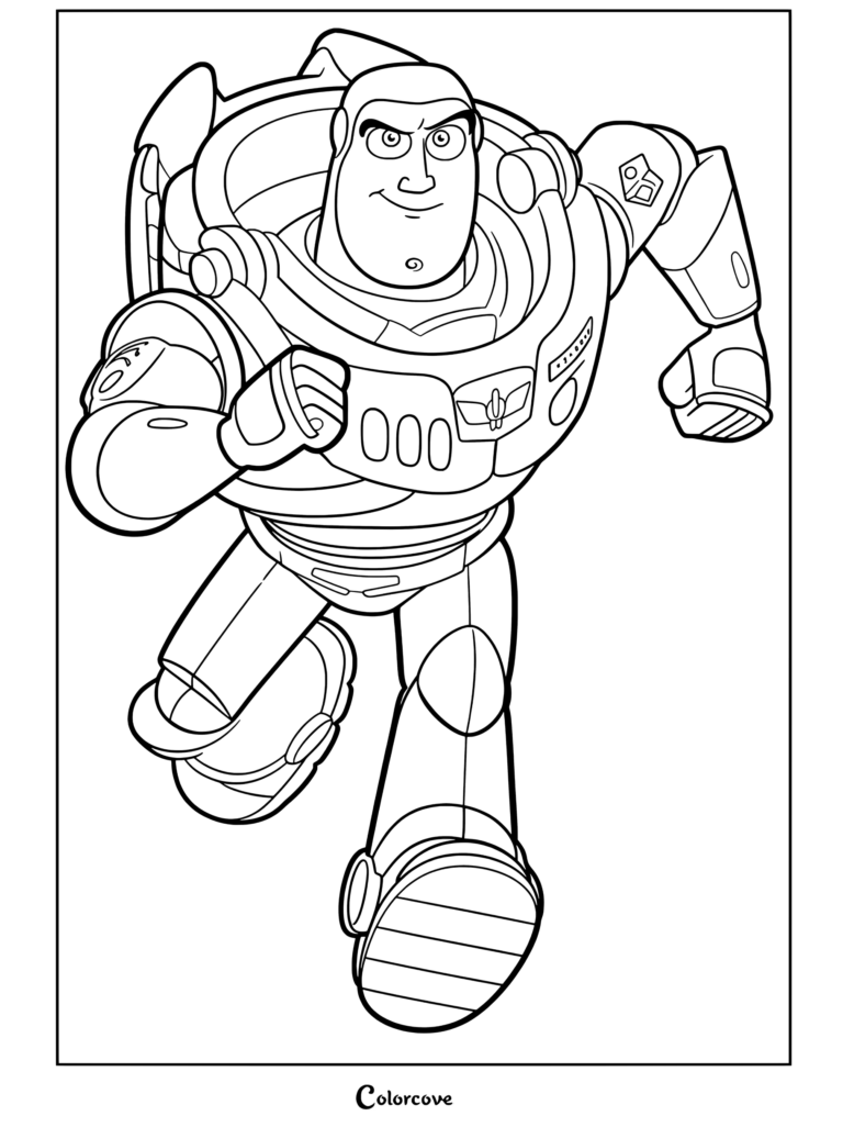 Buzz Lightyear courant d'un pas pressé dans sa combinaison de Ranger de l'espace avec une expression déterminée, présenté comme un coloriage Toy Story.