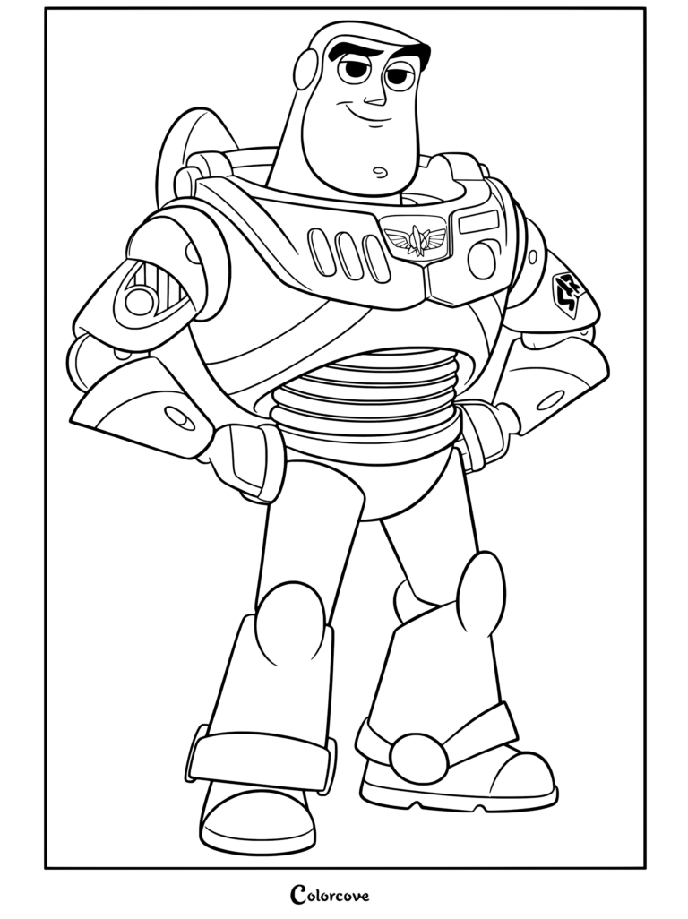 Buzz Lightyear se tenant debout avec assurance, les mains sur les hanches, dans une pose classique de coloriage Toy Story