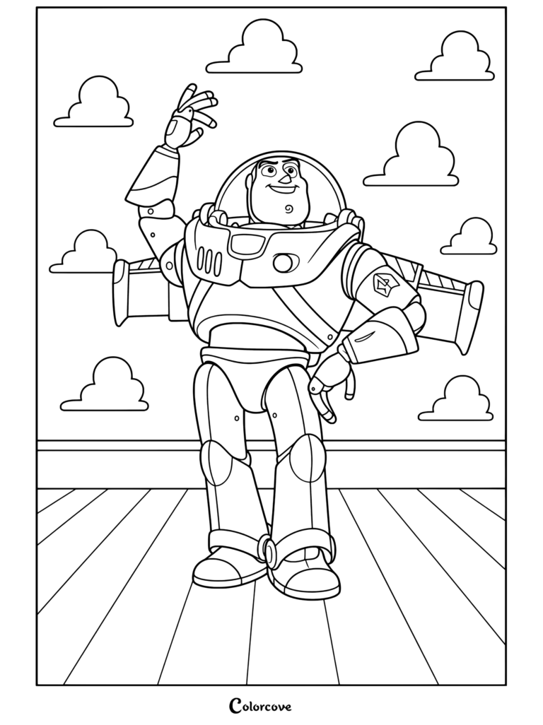 Buzz Lightyear se tenant dans la Chambre d'Andy avec du papier peint à nuages et saluant de la main dans ce coloriage Toy Story à imprimer.