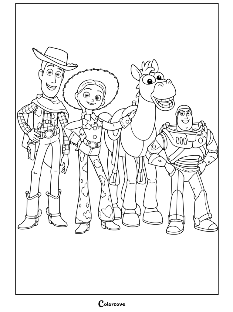 Un coloriage Toy Story amusant représentant Woody, Jessie, Pile-Poil et Buzz Lightyear debout ensemble.