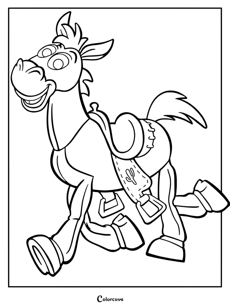 Un coloriage à imprimer de Pile-Poil, le cheval jouet de Toy Story, représenté au galop avec sa selle caractéristique et un motif de cactus.
