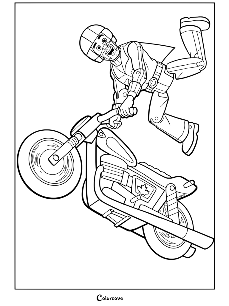 Duke Caboom chevauchant sa moto blanche et rouge avec une expression heureuse dans un coloriage Toy Story 4