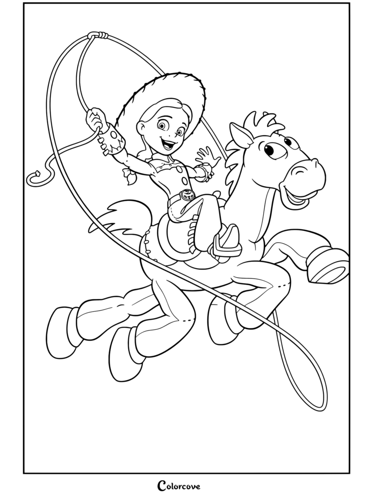 Jessie montant Pile-Poil tout en tenant et en faisant tournoyer un lasso dans ce coloriage Toy Story.