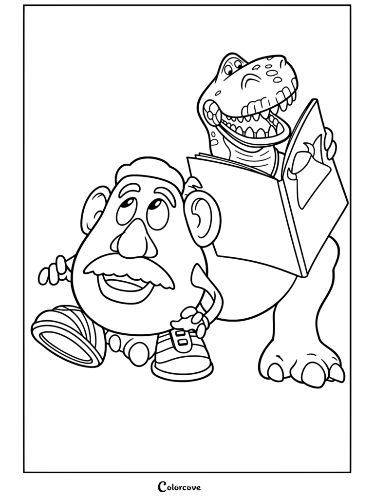 Coloriage Toy Story à imprimer de Monsieur Patate et Rex lisant ensemble une bande dessinée de l'Équipe Zurg.