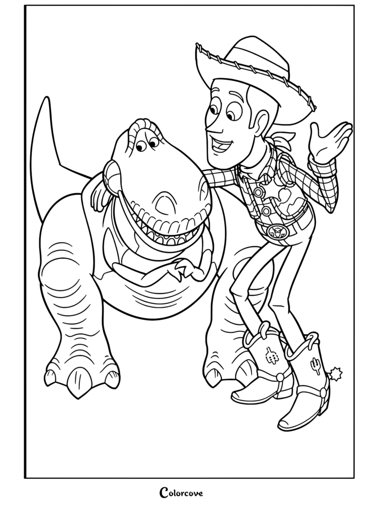 Sheriff Woody souriant et passant son bras autour de Rex, le tyrannosaure rex vert jouet, dans un coloriage Toy Story