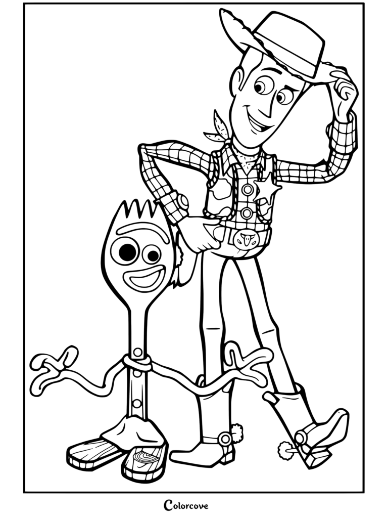 Sheriff Woody proudly stands next to Forky.