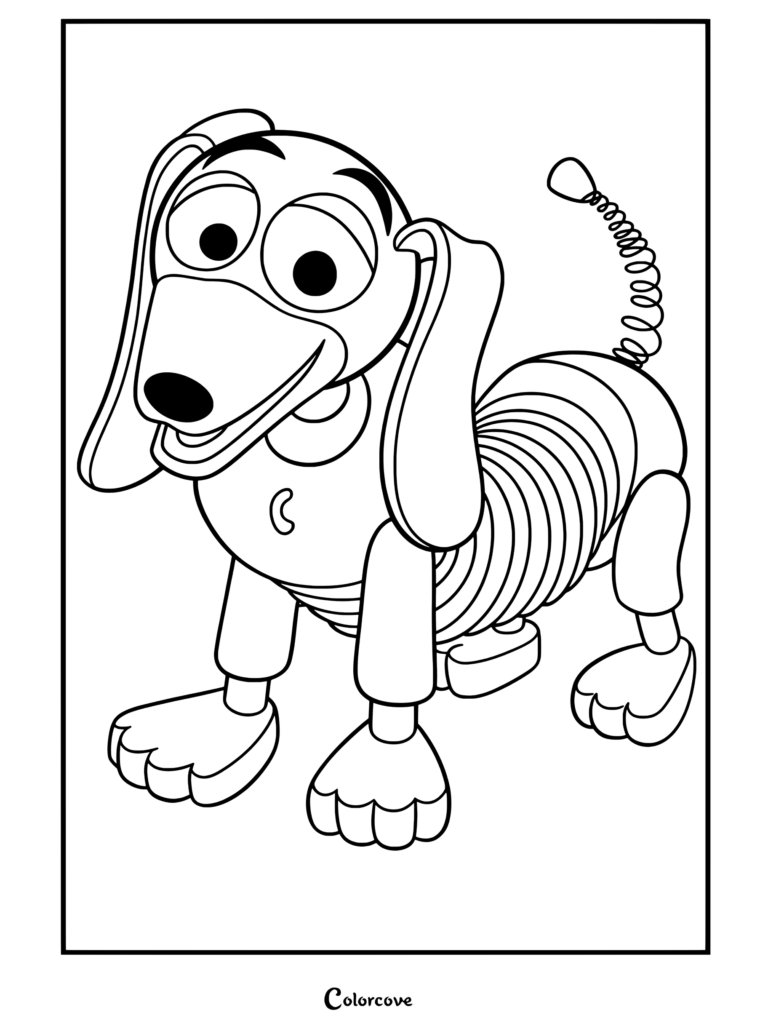 Slinky debout et souriant dans un coloriage au trait de Toy Story.