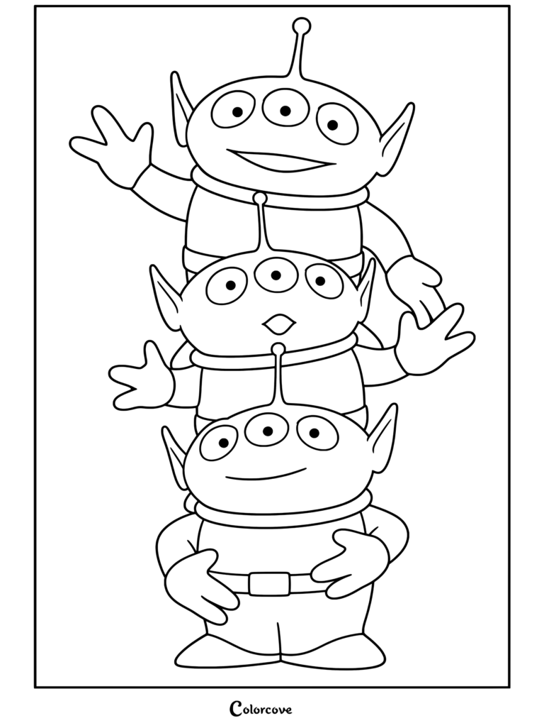 Trois Aliens de Toy Story empilés verticalement dans des combinaisons spatiales bleues, faisant coucou et arborant des expressions rigolotes sur une page de coloriage